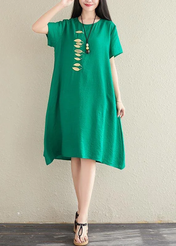 Women's Clothing And Garments Sets Bohemian green cotton linen clothes o neck embroidery tunic summer Dress