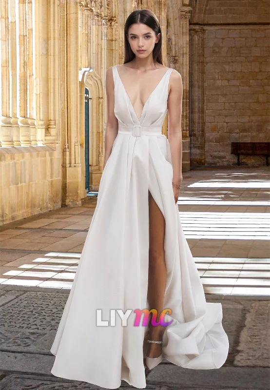 Women's Holiday Outfit LW030 - A Line Deep V neck Satin Wedding Dress with Slit