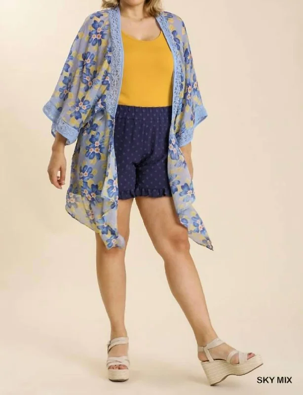 Women's Comfortable Garments Sheer Floral Print Open Front Kimono With Crochet Detail Plus In Sky Mix