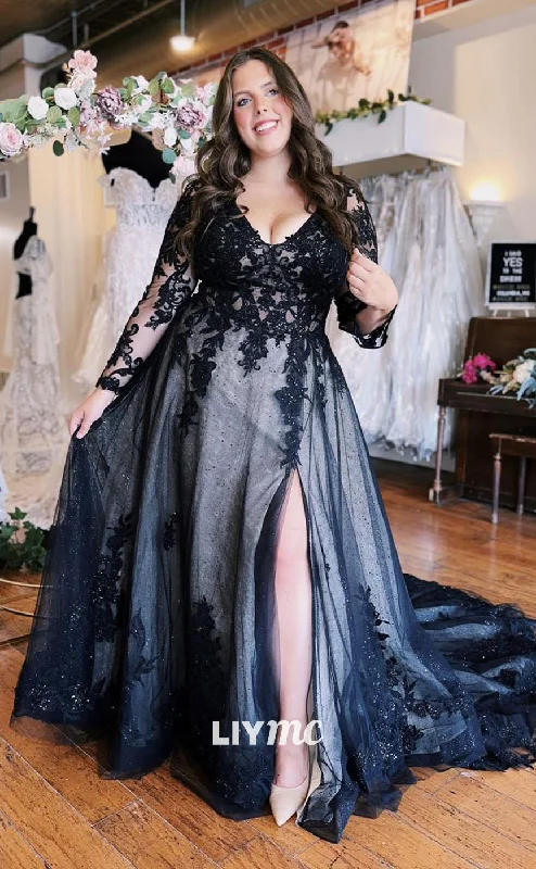 Plus-Size Women's Garments LW058 - A Line V Neck Long Sleeves Appliqued Lace Satin Long Wedding Dress