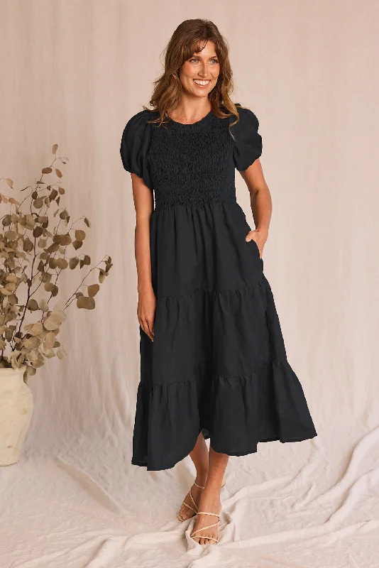 Women's Transitional Attire Minden Linen Shirred Short Sleeve Dress in Black