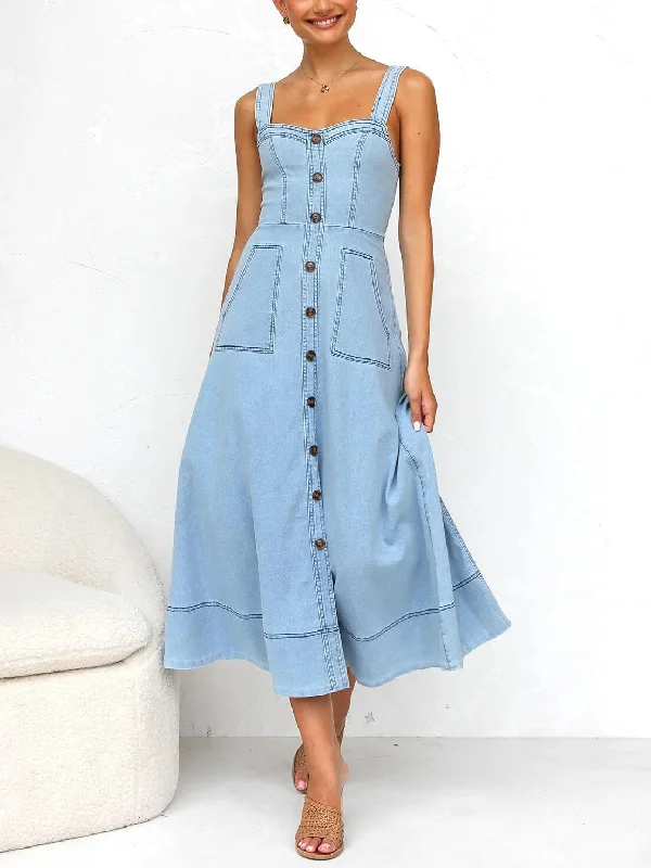 Women's Work Outfit Denim Suspender Casual Charming Button Midi Dress