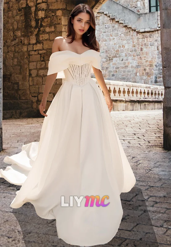 Women's Transitional Garments Off-Shoulder Sleeveless Appliques Pleated A-Line Wedding Dress