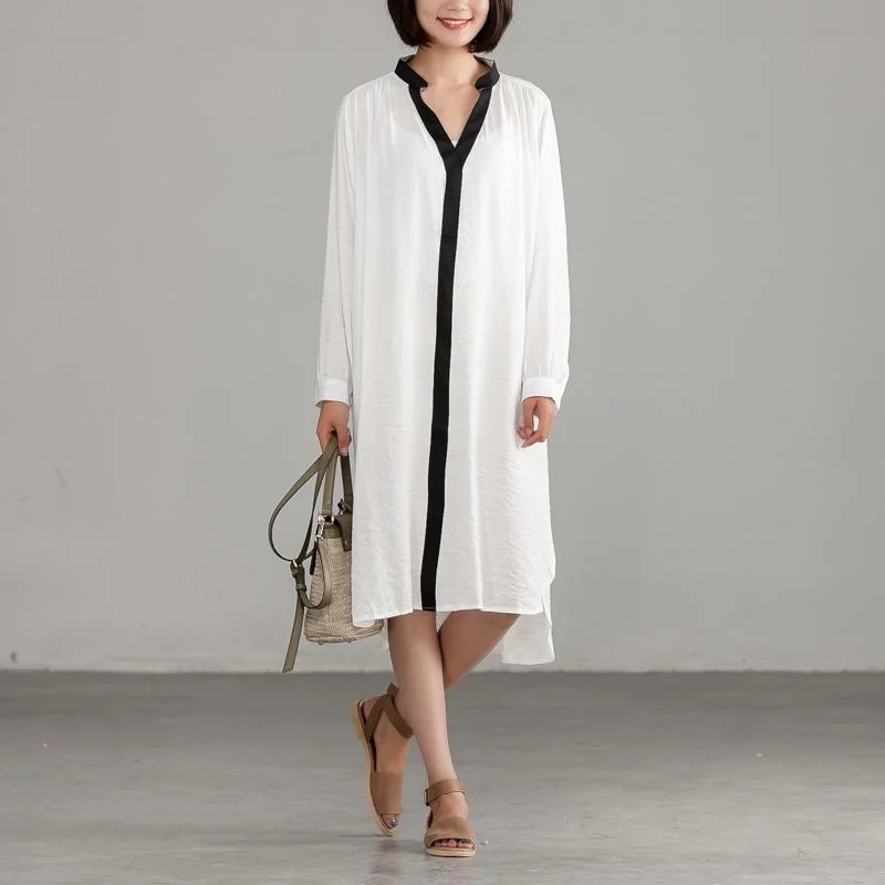 Women's Attire Style linen cotton quilting clothes Pakistani White Long Sleeve Loose Irregular Dress