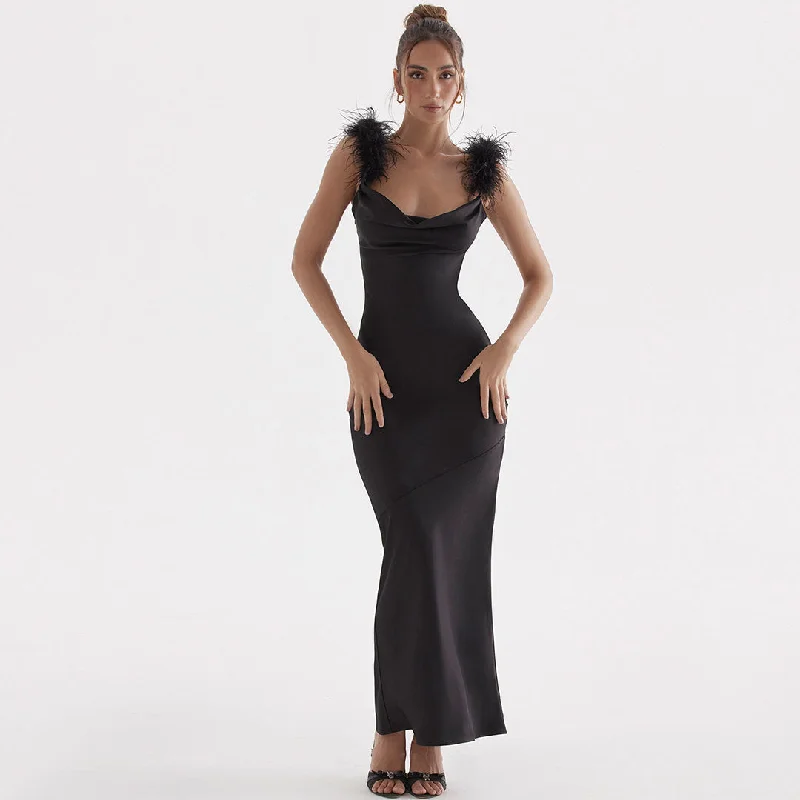 Charming Women's Outfit For Special Occasions Trim Cowl Neck Sleeveless Gown Maxi Dress - Black