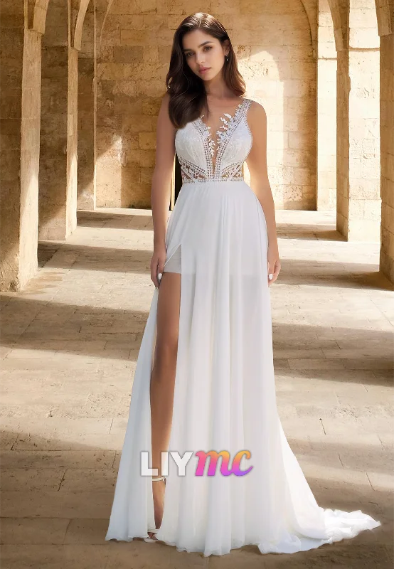 Women's Classic Outfit V-Neck Sleeveless Appliques Chiffon A-Line Beach Wedding Dress