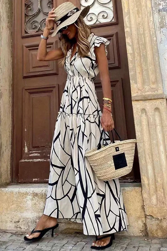 Women's Athletic Outfit Geometric Print V Neck Ruffle Maxi Dress