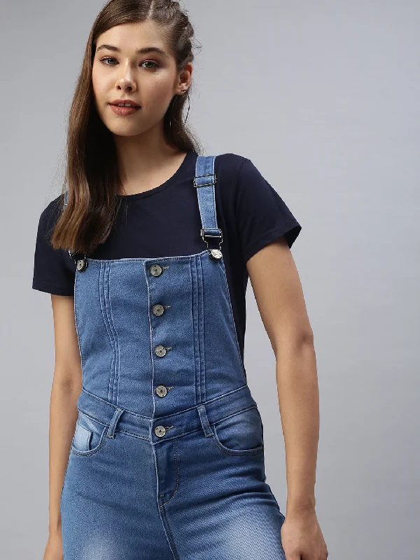 Women's Outerwear Attire Women Solid Blue Denim Dungaree-CR-7208-Blue