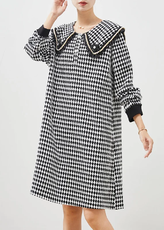 Women's Resort Garments Boho Black White Plaid Sailor Collar Cotton Dress Spring