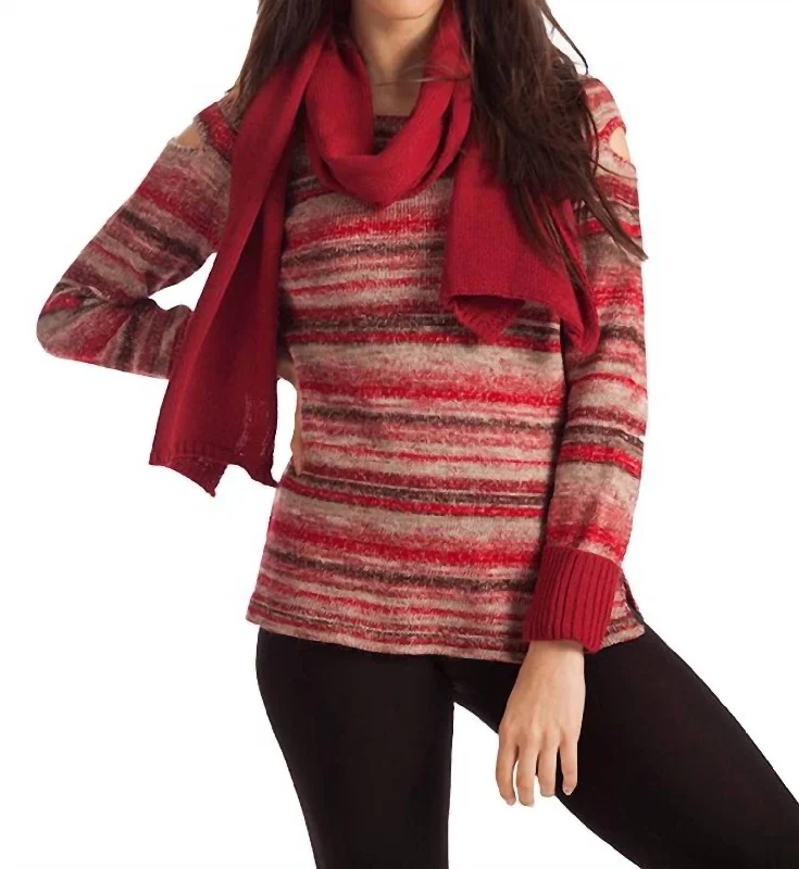 Women's Casual Attire Bethany Striped Sweater W/ Scarf In Red Multi