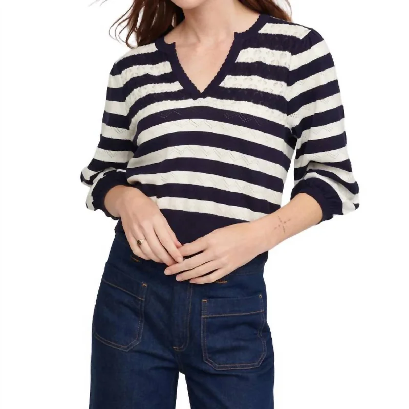 Charming Women's Outfit For Special Occasions Peace Stripe Novelty Vee Sweater In Midnight Multi