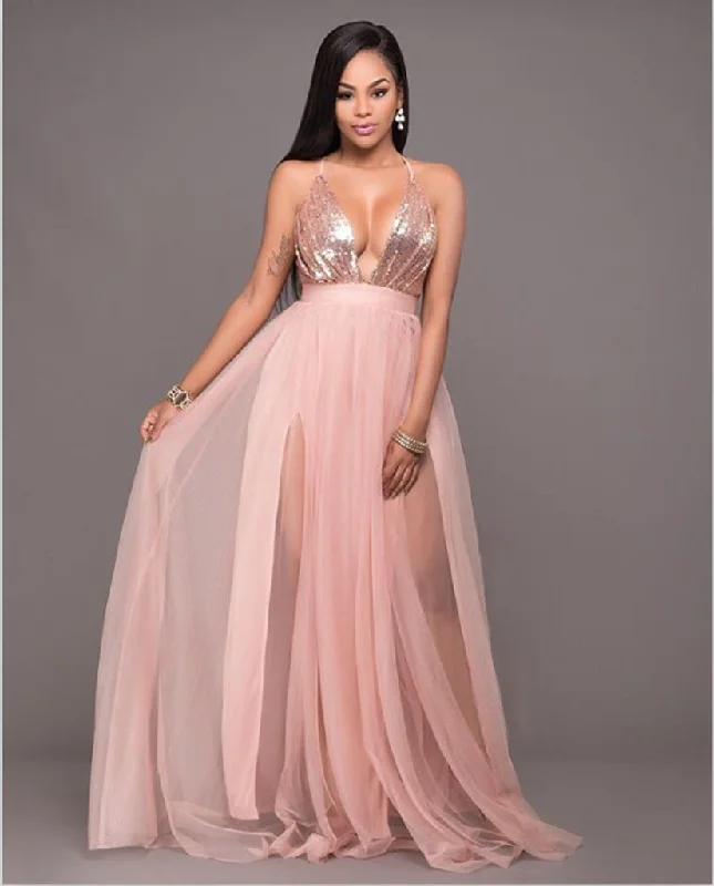 Women's Elegant Formal Outfit Saylor Formal Double Charming Slit Tulle Dress