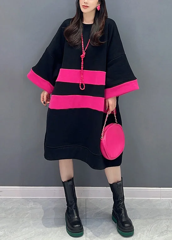 Women's Timeless Attire Loose Black O Neck Patchwork Cotton Mid Dress Spring