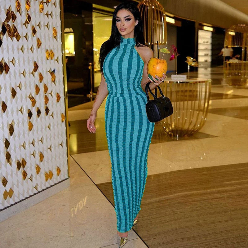 Women's Elegant Evening Attire Popcorn Striped High Neck Sleeveless Bodycon Maxi Dress - Blue