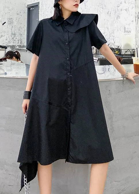 Women's Holiday Attire Simple black dress lapel zippered baggy asymmetric Dresses