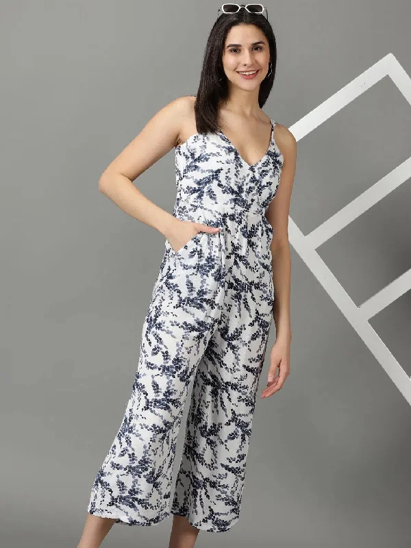 Women's Clothing And Garments Sets Women's White Printed Jumpsuit-AE-15888-Whitenavyblue