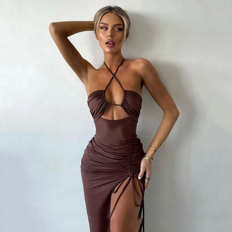 Women's Athletic Garments High Split Cross Front Cutout Ruched Halter Party Maxi Derss - Brown