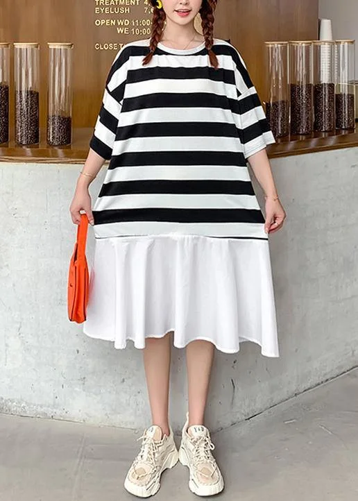 Affordable Women's Garments Organic o neck Ruffles summer tunics for women Work black white striped Dresses