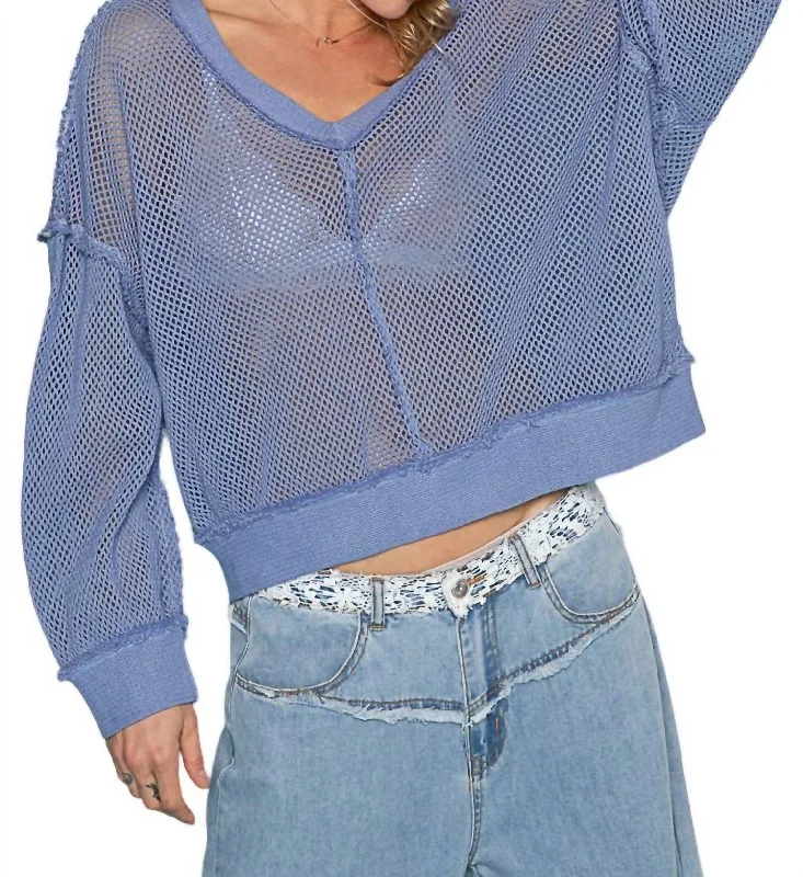 Women's Apparel And Garments Open Knit Top Sweater In Cornflower Blue