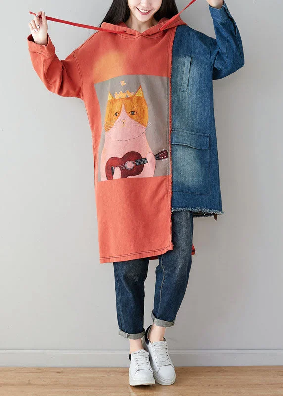 Women's Evening Garments French Orange Asymmetrical Design Cartoon Print Cotton Sweatshirt Dress Spring