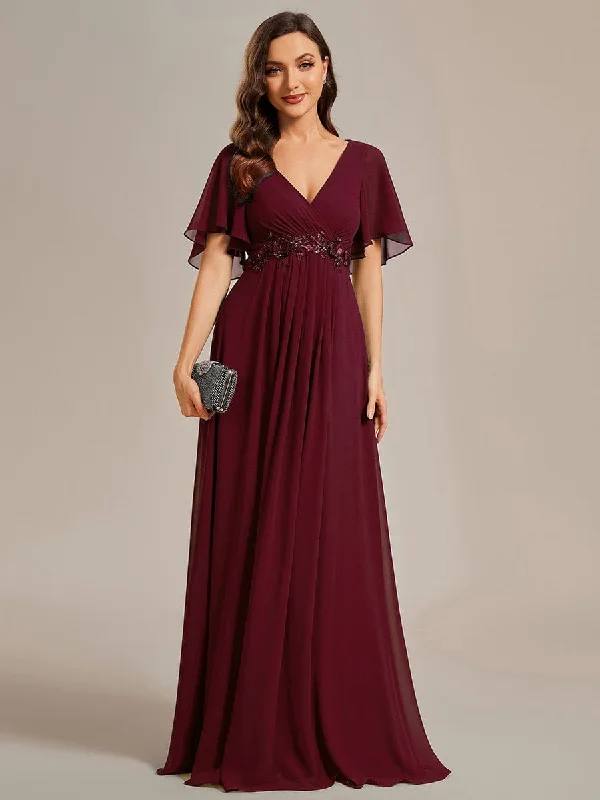 Women's Athletic Garments Ruffles Sleeve A-Line Chiffon Waist Applique Maxi Formal Evening Dress