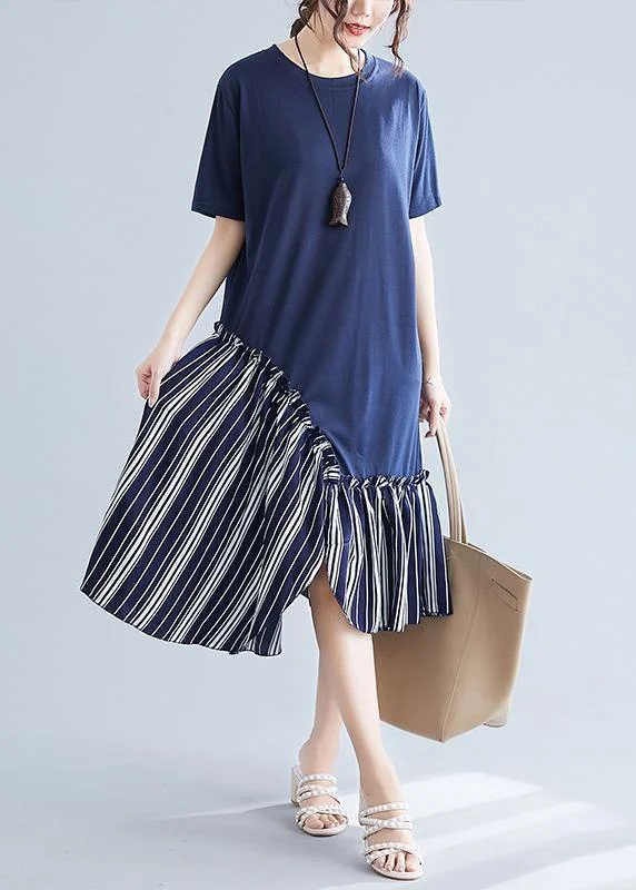 Women's Travel Garments Simple navy patchwork striped cotton Tunics o neck long summer Dress