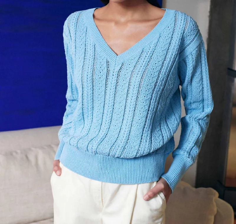 Women's Casual Attire Recycled Cotton Open Cable V-Neck Sweater In Sky Blue