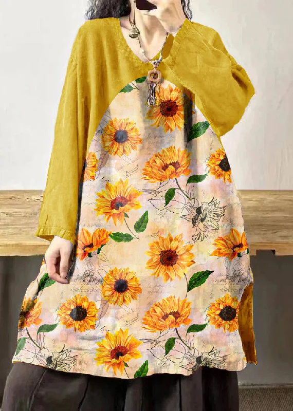 Women's Vacation Outfit Set Vintage Yellow sunflower V Neck Embroidered Patchwork Linen Mid Dresses Fall