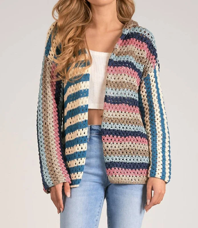 Women's Comfortable Lounge Attire Cardigan Hoodie Sweater In Blue/pink Multi