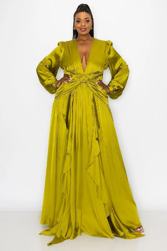 Women's Stylish Outdoor Outfit Apple Green Draped In Satin Dress