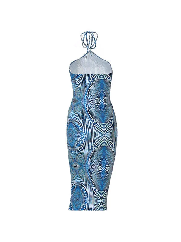 Stylish Women's Garments For Holidays Dizzy Print Halter Bodycon Midi Dress