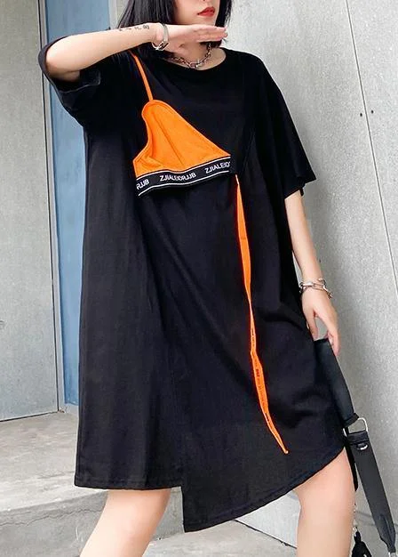 Comfortable Garments For Women DIY o neck asymmetric Cotton summer outfit Sewing black Dresses