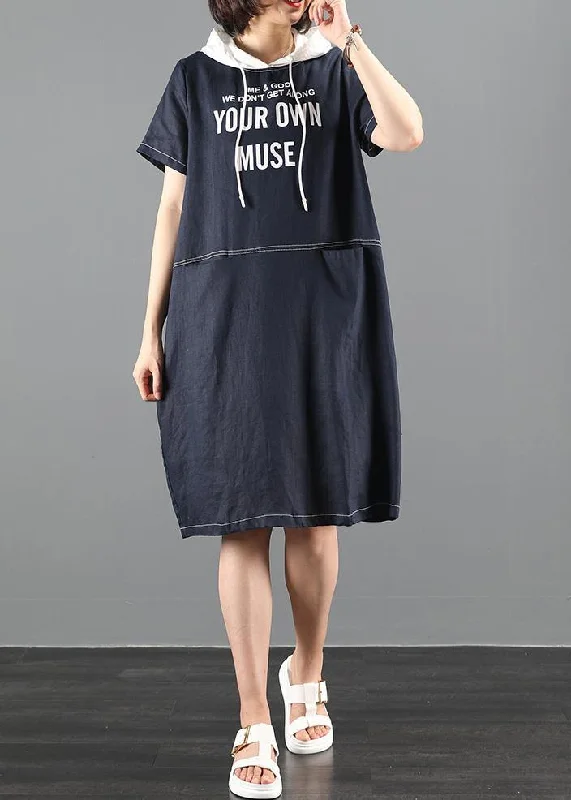 Women's Trendy Outfit Chic hooded patchwork Tunics Sleeve navy Letter Dresses