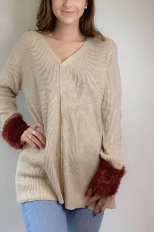 Women's Outfit V Neck Sweater With Fur Accent Cuffs In Camel And Rust