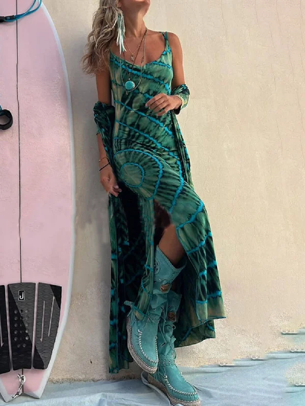 Women's Vacation Outfit Set Boho Tie-dye Print Charming Slit Midi Dress