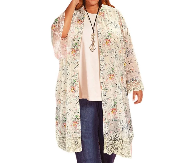 Women's Clothes And Garments Printed Long Sleeve Lace Chiffon Duster - Plus In Ivory Floral