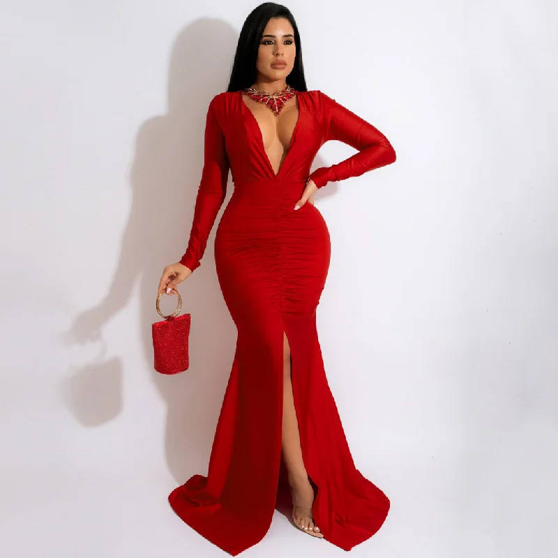 Women's Festive Attire Fabulous Ruched Deep V Long Sleeve Split Trim Fishtail Formal Maxi Dress - Red