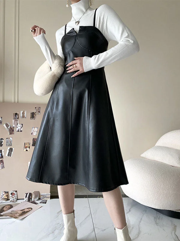 Charming Women's Garments Spliced Pu Leather Slip Midi Dress