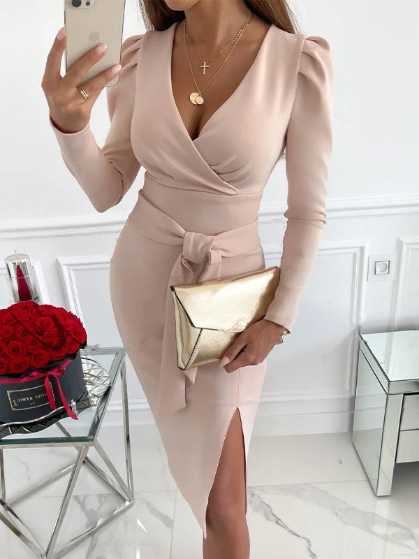 Women's Seasonal Garments Split Long Sleeve Wrap Midi Dress