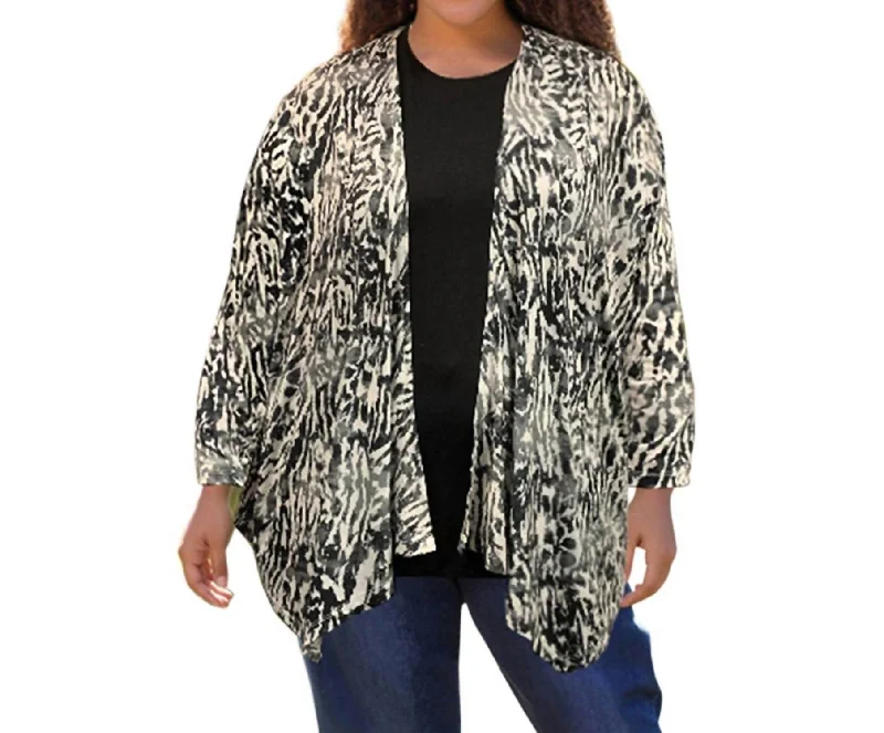 Timeless Women's Garments Long Sleeve Draped Cardigan - Plus In Black/white Leopard