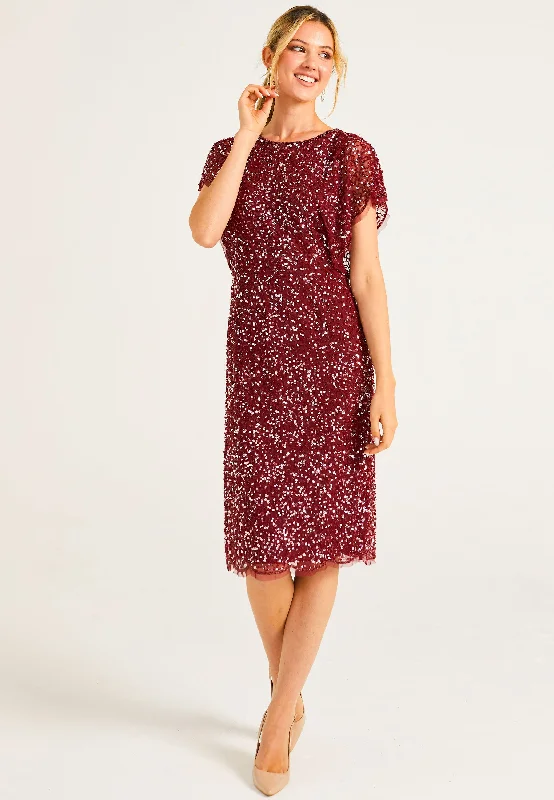 Women's Everyday Attire Embellished Midi Dress with Flutter Sleeve in Burgundy