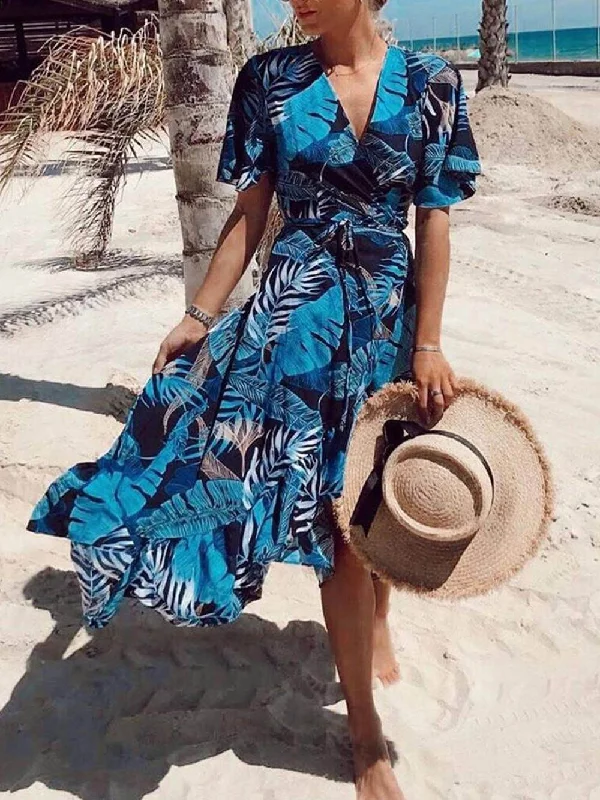 Women's Outdoor Attire Palm Leaf Print Charming Wrap Over Midi Dress