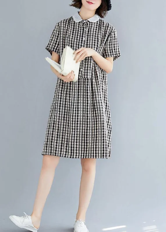 Women's Vintage Garments DIY Peter pan Collar Cotton summer clothes For Women black plaid Dress