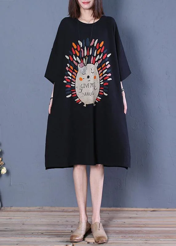 Women's Casual Wear Outfit French o neck half sleeve Cotton dresses pattern black print Dress