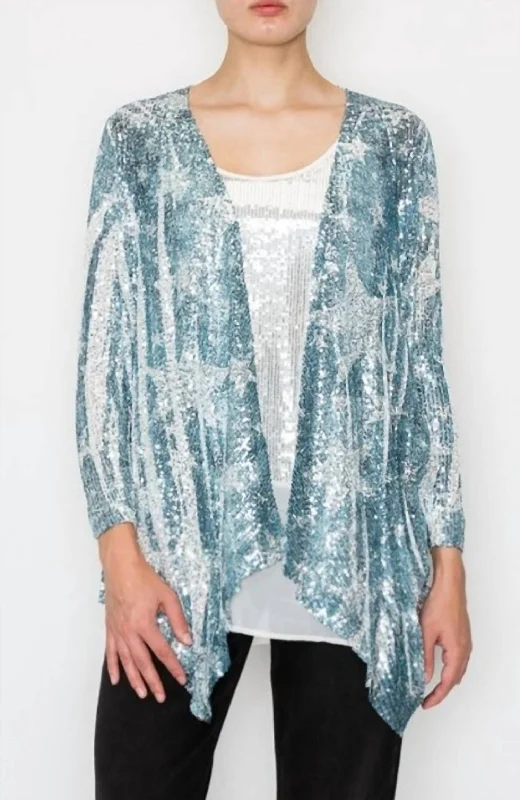 Women's Work Outfit Denim Star Sequin Cardigan In Blue