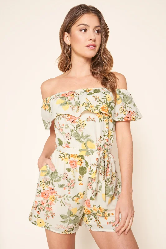 Women's Fashionable Attire For Work Kailey Floral Off the Shoulder Romper