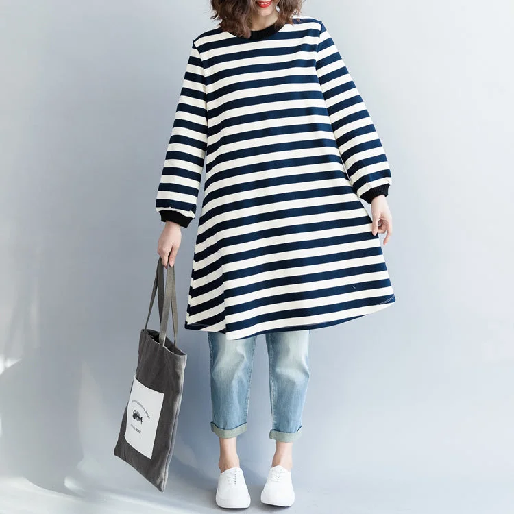 Women's Cozy Winter Attire Modern blue white striped Cotton clothes For Women Korea Dresses spring o neck Dresses