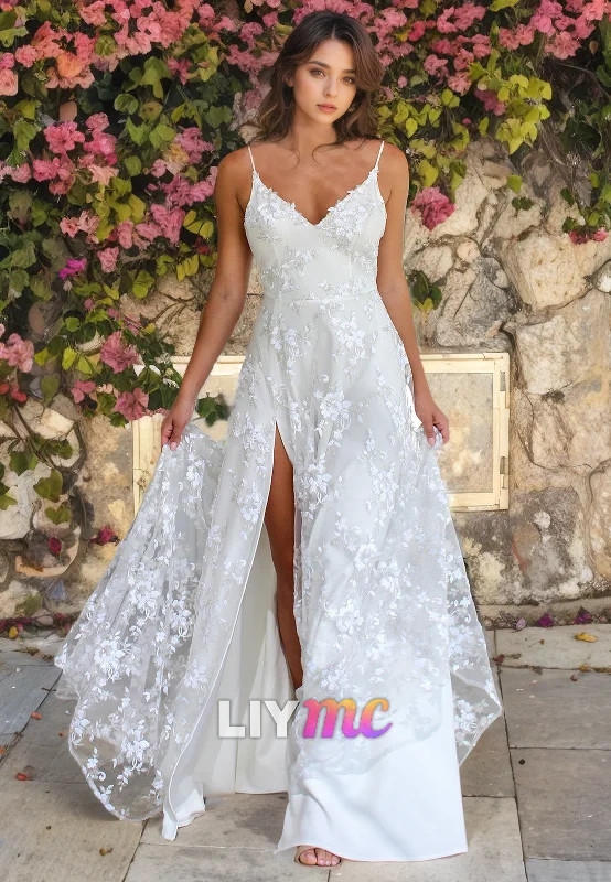 Women's High-Fashion Attire LW069 - Elegant Spaghetti Straps Lace Satin A Line Long Wedding Dress With Slit