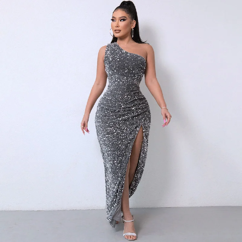 Women's High-Fashion Outfit Shimmery Sequin High Split One Shoulder Gown Maxi Dress - Dark Gray