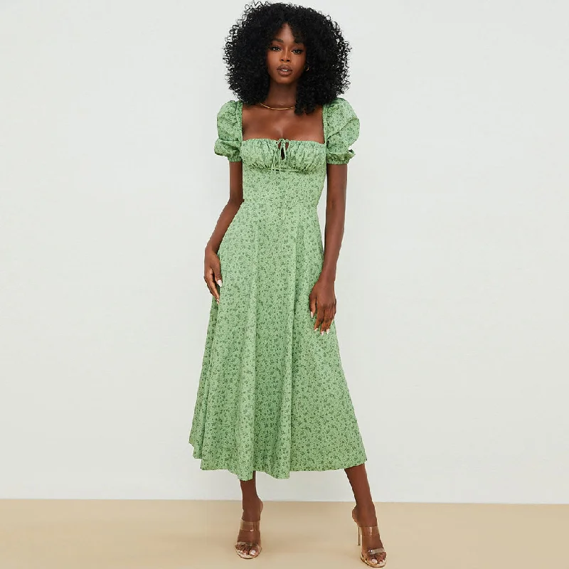 Women's Clothing And Garments Sets Daisy Printed Puff Sleeve High Slit Smock Maxi Sundress - Green